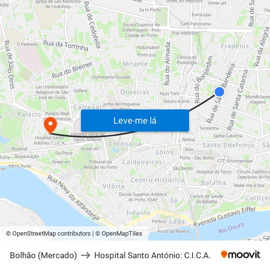 Bolhão (Mercado) to Hospital Santo António: C.I.C.A. map