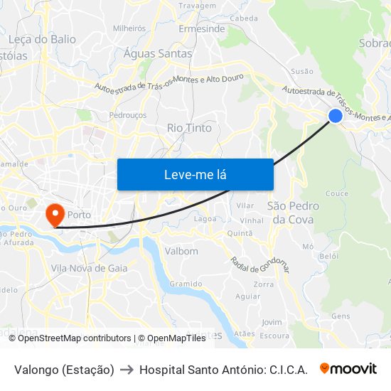 Valongo (Estação) to Hospital Santo António: C.I.C.A. map
