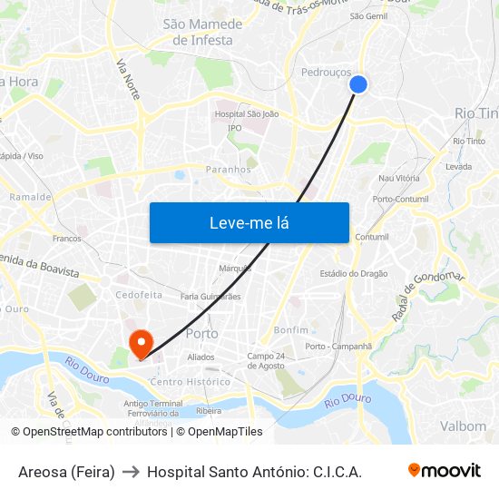 Areosa (Feira) to Hospital Santo António: C.I.C.A. map