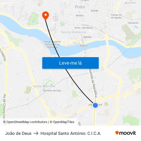 João de Deus to Hospital Santo António: C.I.C.A. map