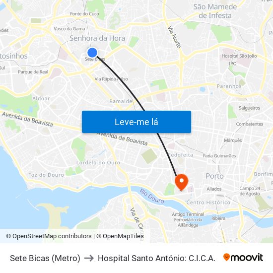 Sete Bicas (Metro) to Hospital Santo António: C.I.C.A. map