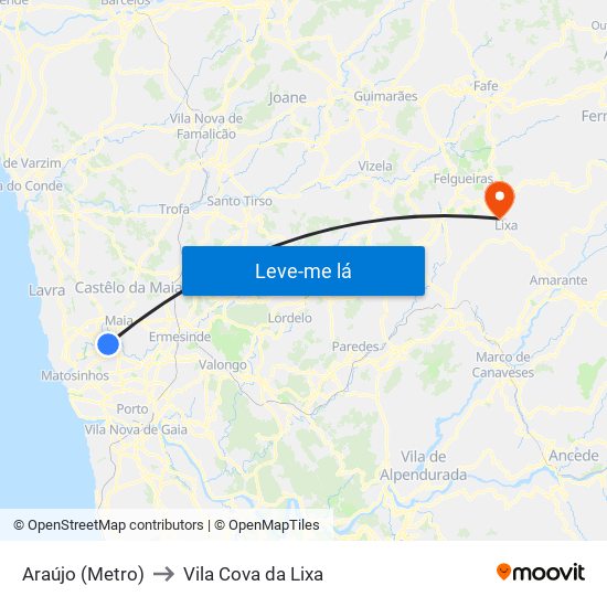 Araújo (Metro) to Vila Cova da Lixa map