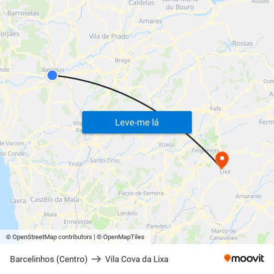 Barcelinhos (Centro) to Vila Cova da Lixa map
