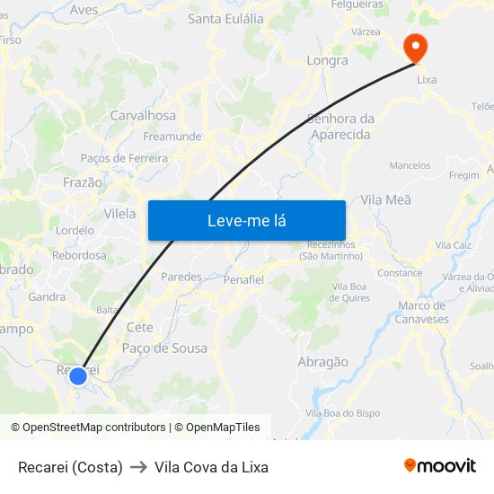 Recarei (Costa) to Vila Cova da Lixa map