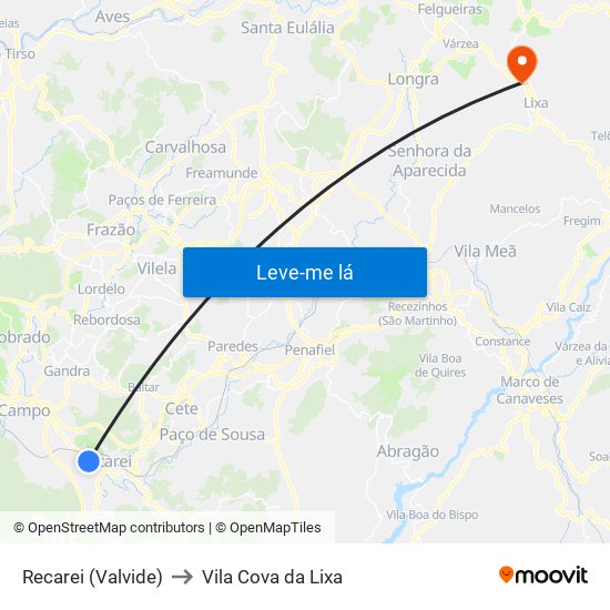 Recarei (Valvide) to Vila Cova da Lixa map