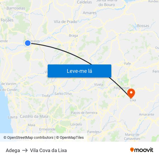 Adega to Vila Cova da Lixa map