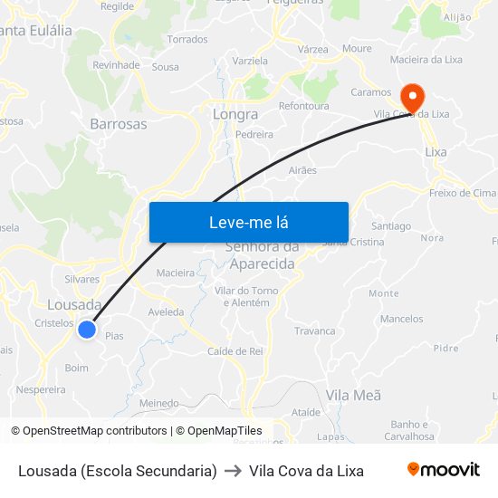 Lousada (Escola Secundaria) to Vila Cova da Lixa map