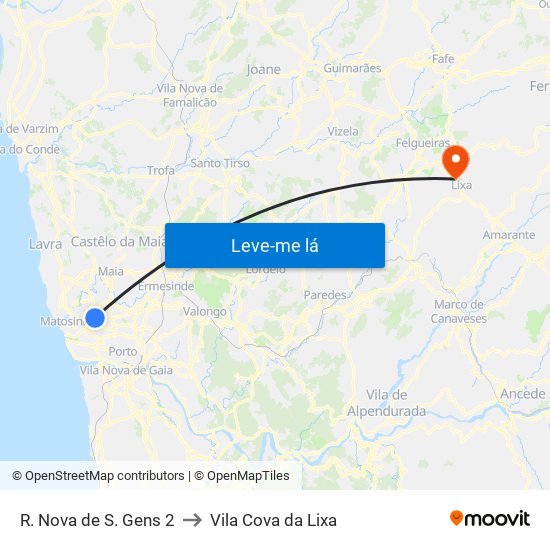 R. Nova de S. Gens 2 to Vila Cova da Lixa map