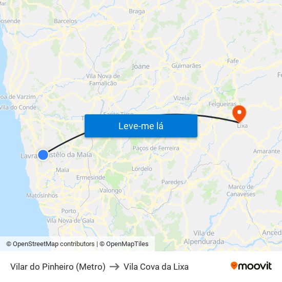 Vilar do Pinheiro (Metro) to Vila Cova da Lixa map