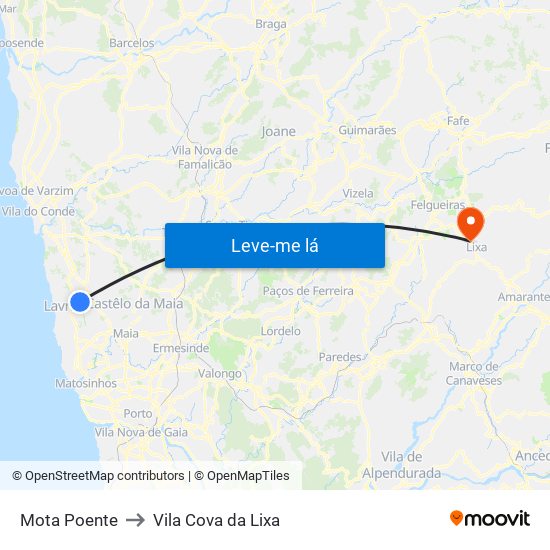 Mota Poente to Vila Cova da Lixa map