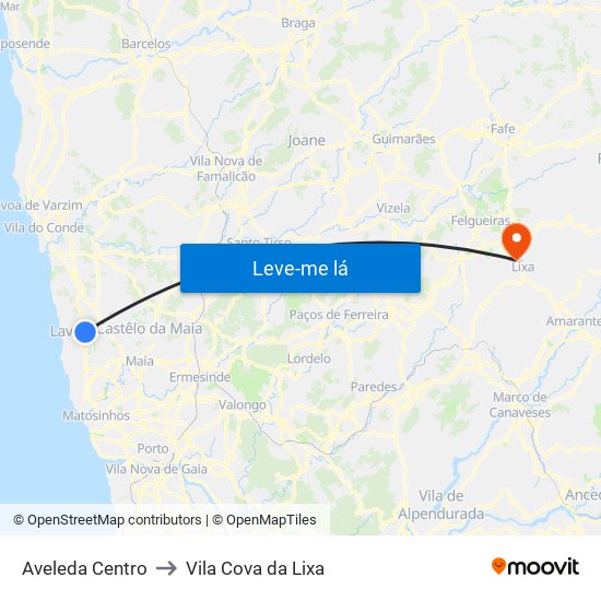 Aveleda Centro to Vila Cova da Lixa map