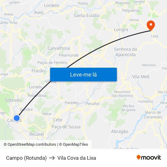 Campo (Rotunda) to Vila Cova da Lixa map