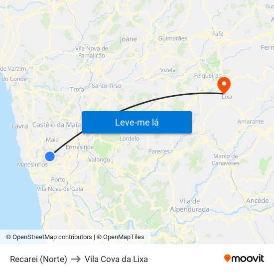 Recarei (Norte) to Vila Cova da Lixa map