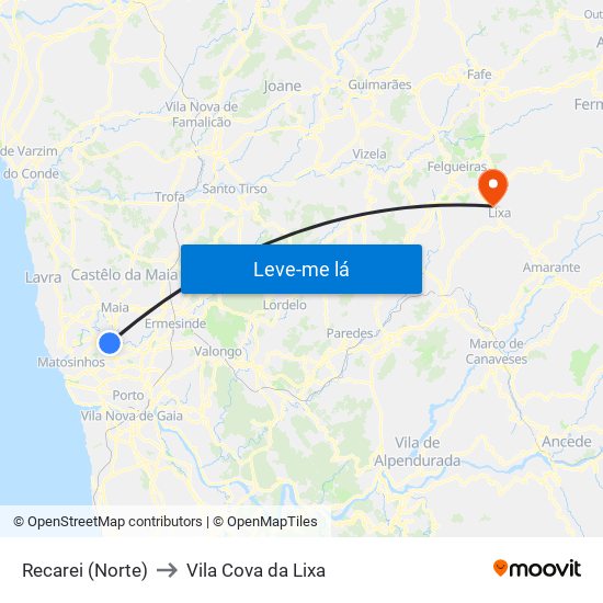 Recarei (Norte) to Vila Cova da Lixa map