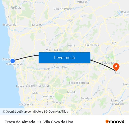 Praça do Almada to Vila Cova da Lixa map