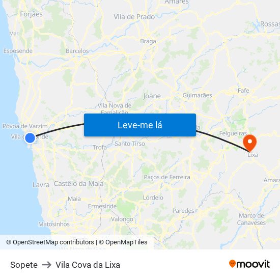 Sopete to Vila Cova da Lixa map