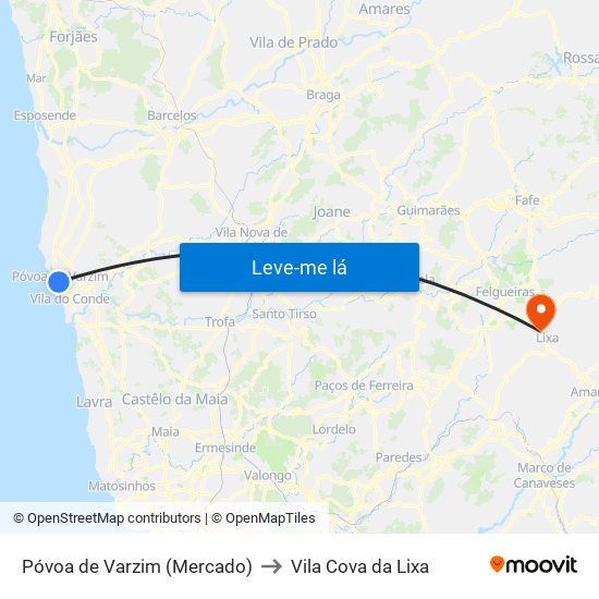Póvoa de Varzim (Mercado) to Vila Cova da Lixa map