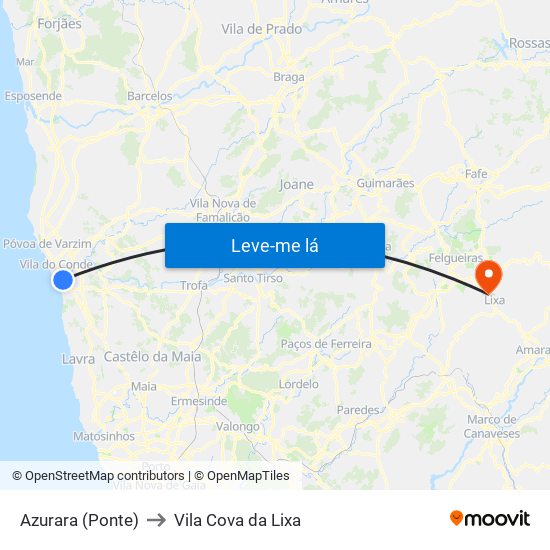 Azurara (Ponte) to Vila Cova da Lixa map