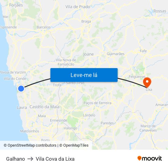 Galhano to Vila Cova da Lixa map