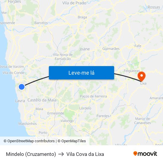 Mindelo (Cruzamento) to Vila Cova da Lixa map