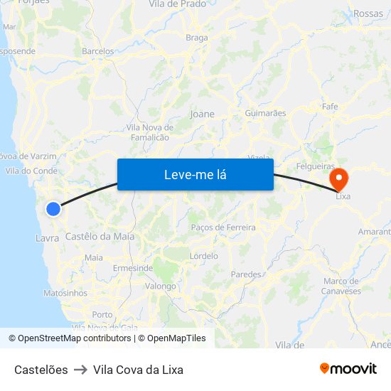 Castelões to Vila Cova da Lixa map