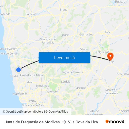 Junta de Freguesia de Modivas to Vila Cova da Lixa map