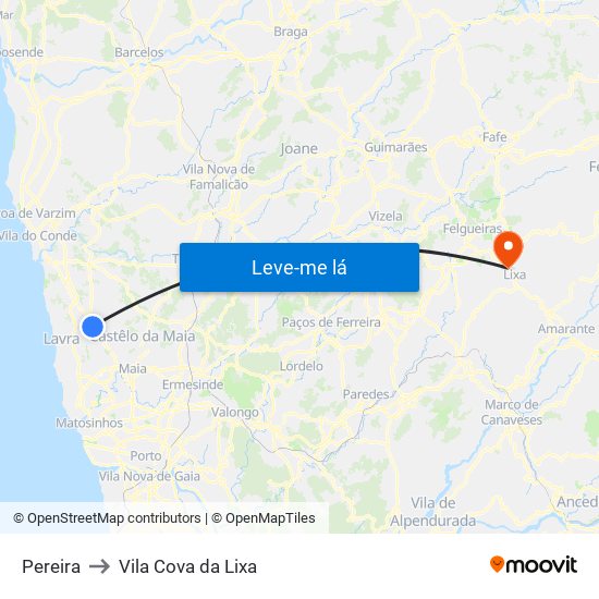 Pereira to Vila Cova da Lixa map