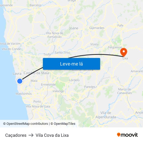 Caçadores to Vila Cova da Lixa map