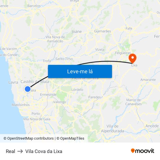 Real to Vila Cova da Lixa map