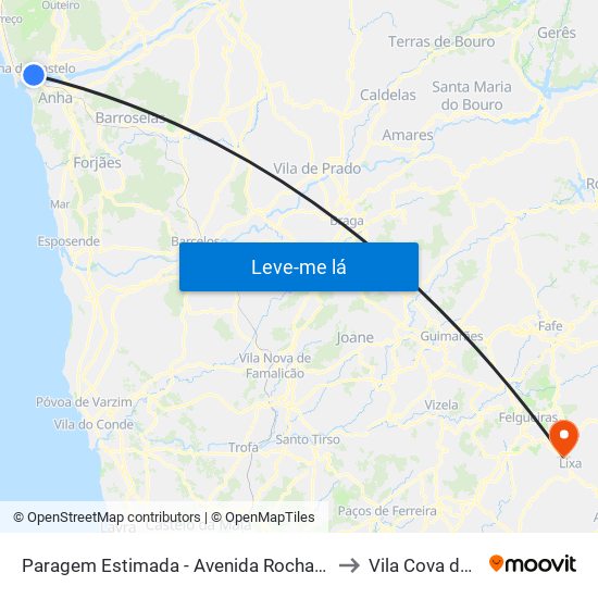 Paragem Estimada - Avenida Rocha Paris, 480 to Vila Cova da Lixa map