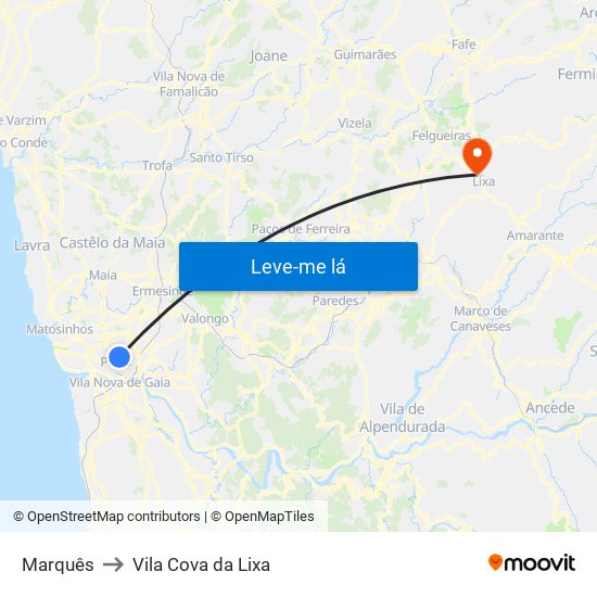 Marquês to Vila Cova da Lixa map
