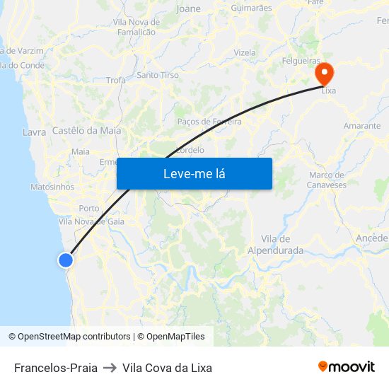 Francelos-Praia to Vila Cova da Lixa map