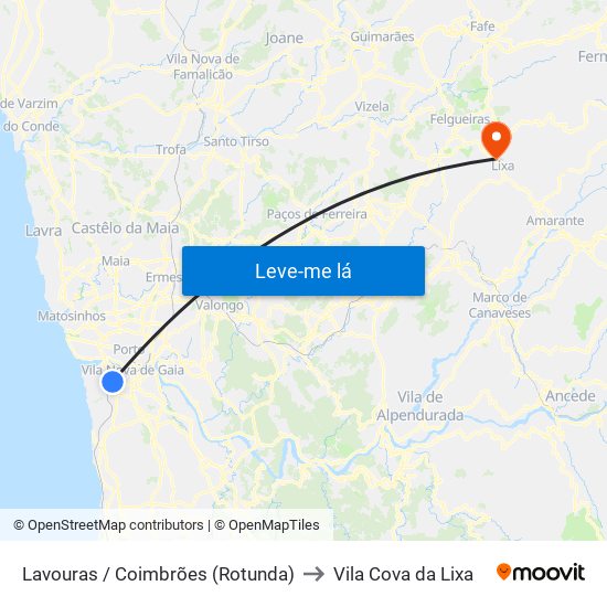 Lavouras / Coimbrões (Rotunda) to Vila Cova da Lixa map