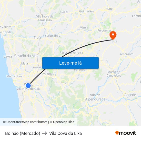 Bolhão (Mercado) to Vila Cova da Lixa map