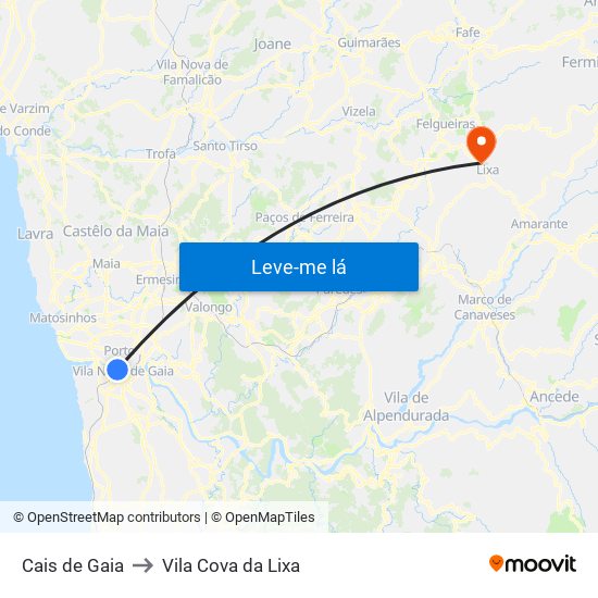 Cais de Gaia to Vila Cova da Lixa map