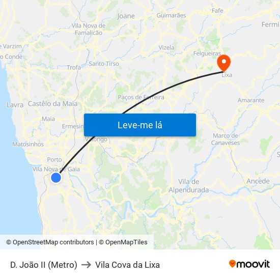 D. João II (Metro) to Vila Cova da Lixa map