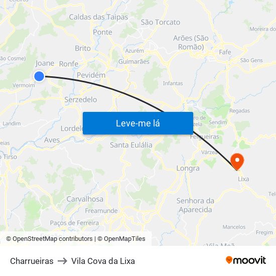 Charrueiras to Vila Cova da Lixa map