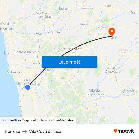 Barrosa to Vila Cova da Lixa map