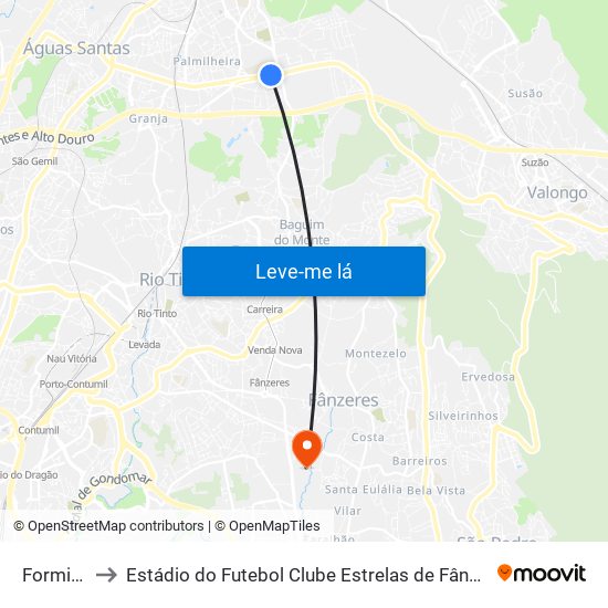 Formiga to Estádio do Futebol Clube Estrelas de Fânzeres map