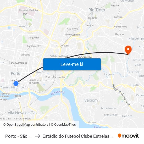 Porto - São Bento to Estádio do Futebol Clube Estrelas de Fânzeres map