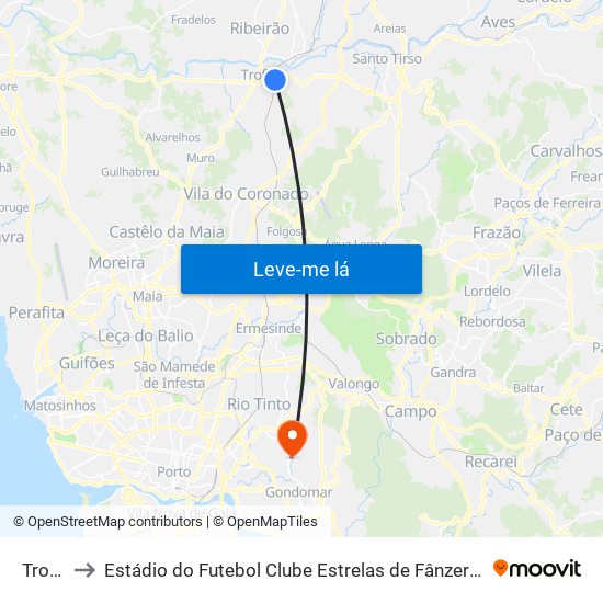 Trofa to Estádio do Futebol Clube Estrelas de Fânzeres map