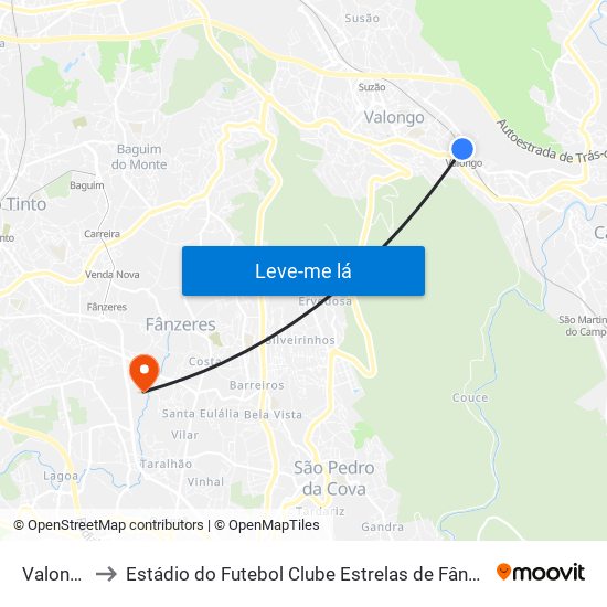 Valongo to Estádio do Futebol Clube Estrelas de Fânzeres map