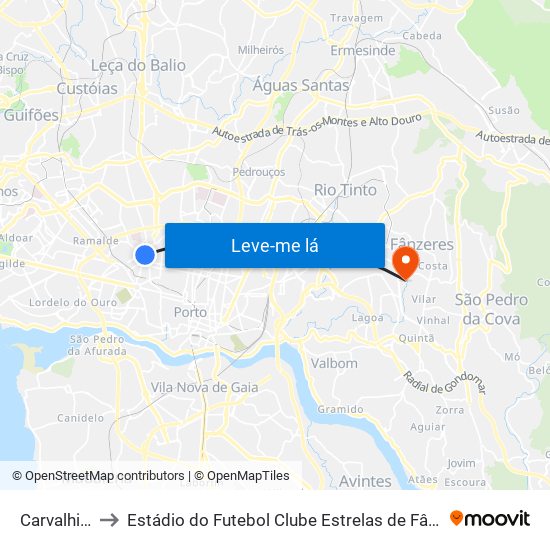Carvalhido to Estádio do Futebol Clube Estrelas de Fânzeres map