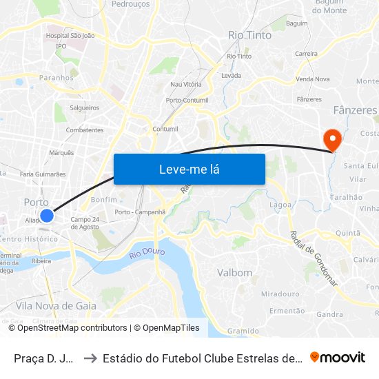 Praça D. João I to Estádio do Futebol Clube Estrelas de Fânzeres map