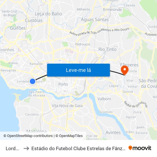 Lordelo to Estádio do Futebol Clube Estrelas de Fânzeres map