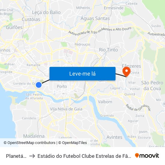 Planetário to Estádio do Futebol Clube Estrelas de Fânzeres map