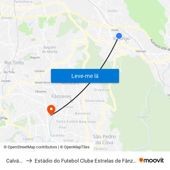 Calvário to Estádio do Futebol Clube Estrelas de Fânzeres map