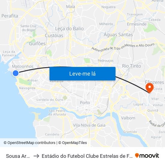 Sousa Aroso to Estádio do Futebol Clube Estrelas de Fânzeres map