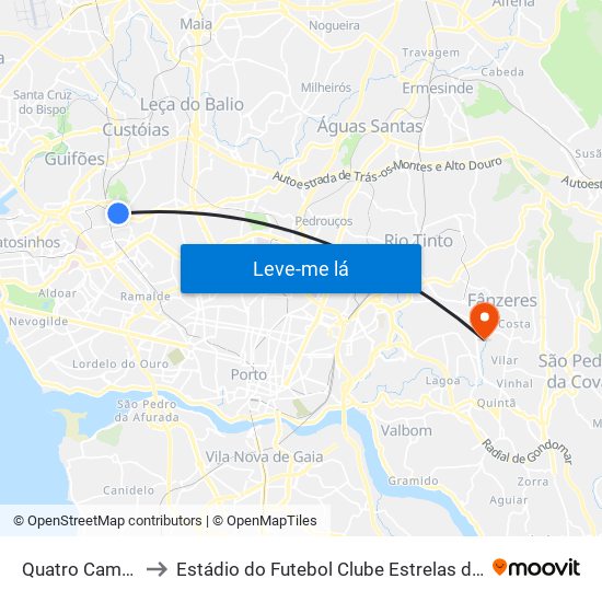 Quatro Caminhos to Estádio do Futebol Clube Estrelas de Fânzeres map