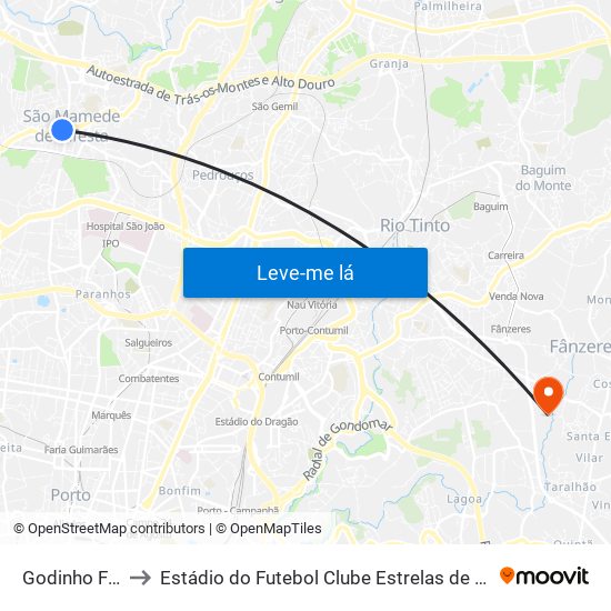 Godinho Faria to Estádio do Futebol Clube Estrelas de Fânzeres map